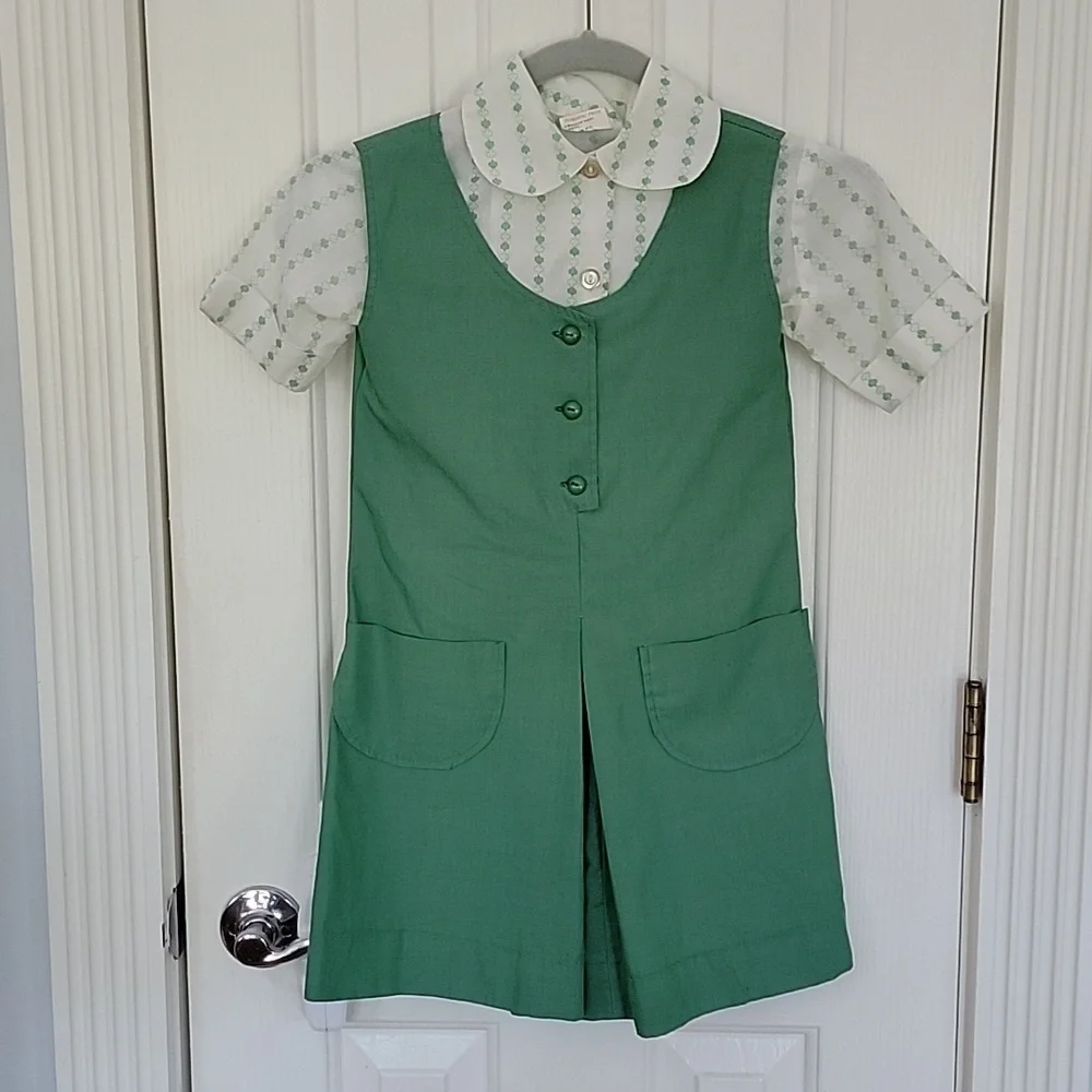VINTAGE GIRL SCOUTS JUMPER DRESS SHIRT GREEN SIZE 7 8 GIRLS